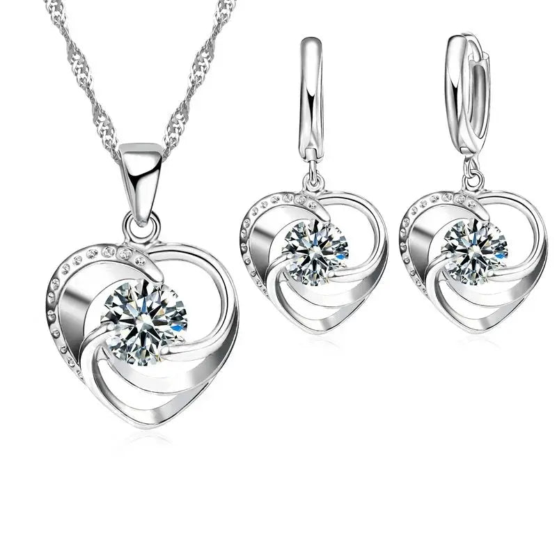 925 Sterling Silver Stamped Necklace Earrings Set Long Chain Sweet Romantic Style Love Heart Shape For Women Lady Wife  Jewelry Town