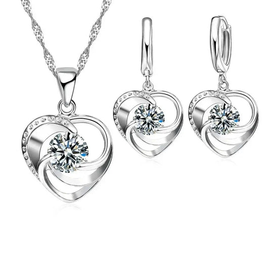 925 Sterling Silver Stamped Necklace Earrings Set Long Chain Sweet Romantic Style Love Heart Shape For Women Lady Wife  Jewelry Town