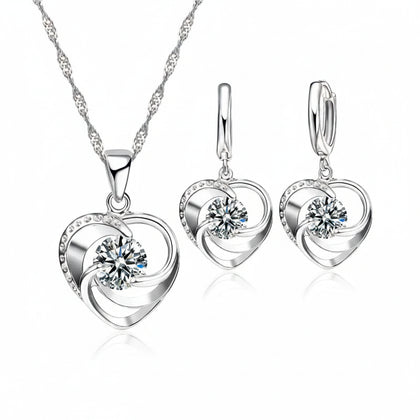 925 sterling silver heart pendant necklace and earring set