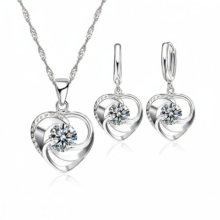 925 sterling silver heart pendant necklace and earring set