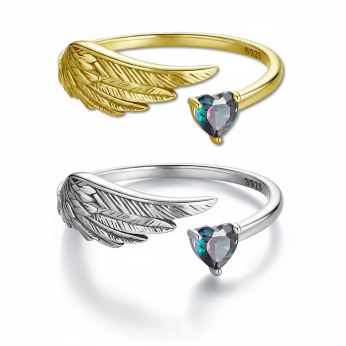 925 Sterling Silver Angel Wing Heart Ring with mystic rainbow CZ – Jewelry Towns