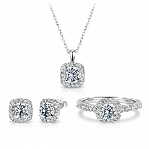 Square halo moissanite jewellery set in 925 sterling silver