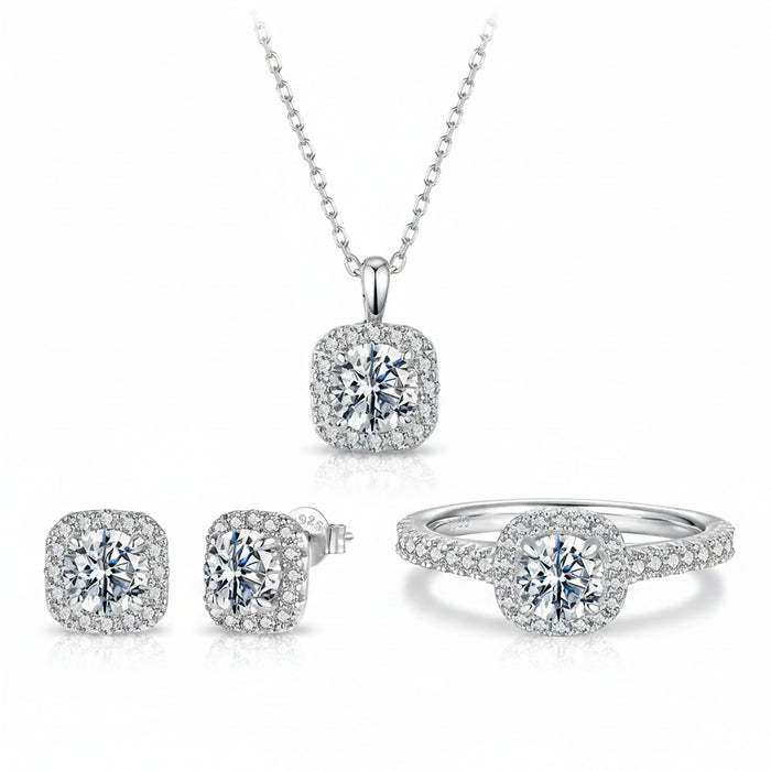 Square halo moissanite jewellery set in 925 sterling silver