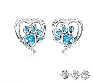 Blue Crystal Paw Stud Earrings 