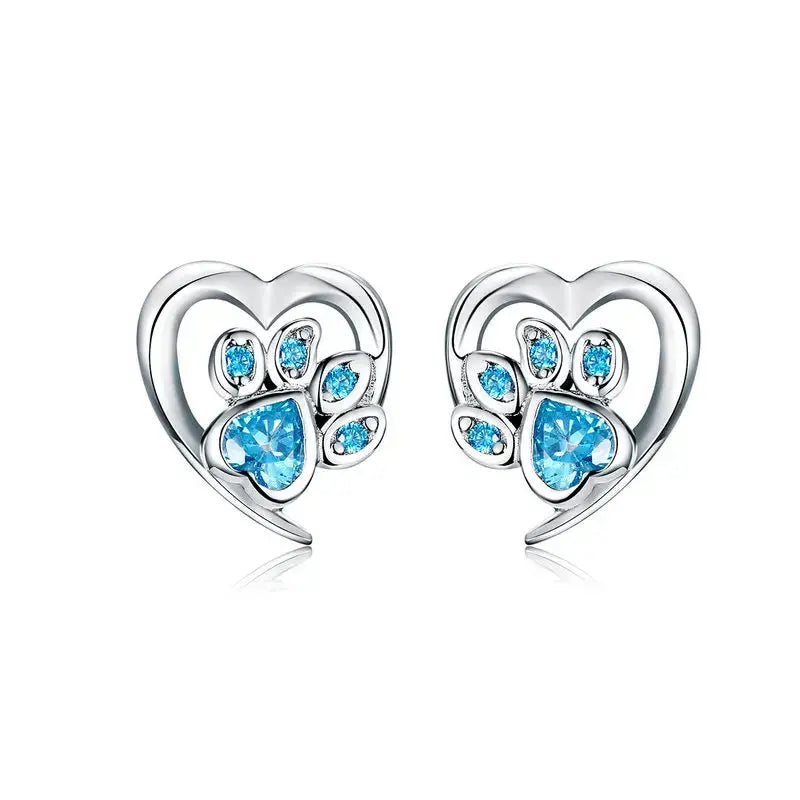 Crystal paw print stud earrings in 925 sterling silver