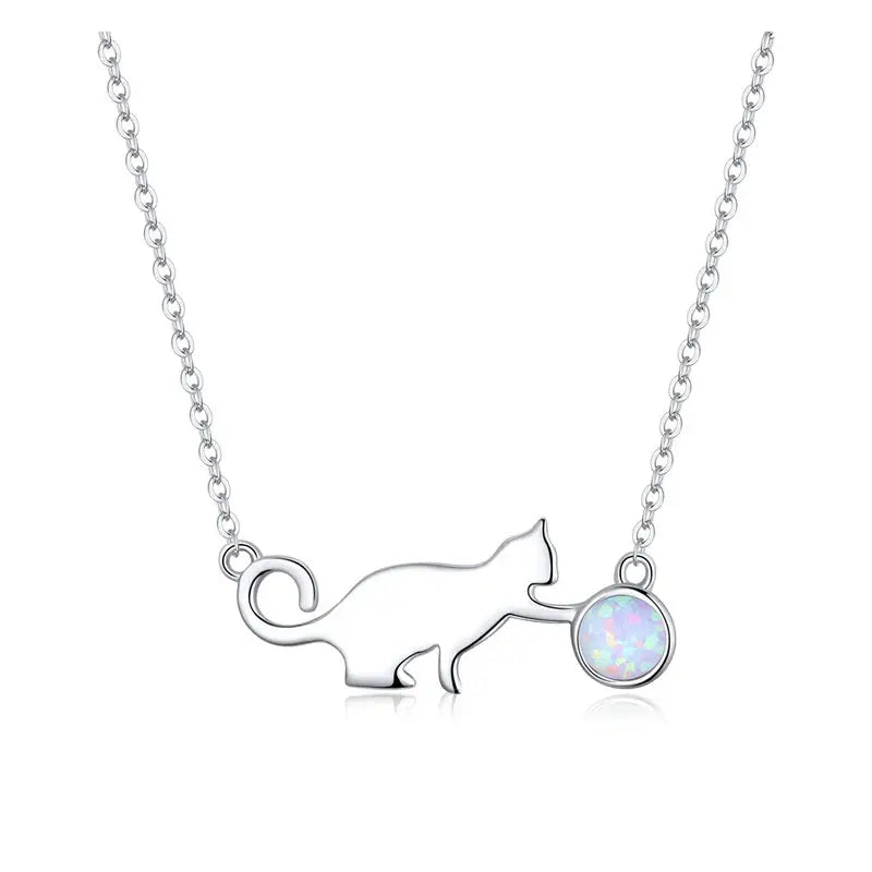 925 sterling silver cat necklace with opal detail