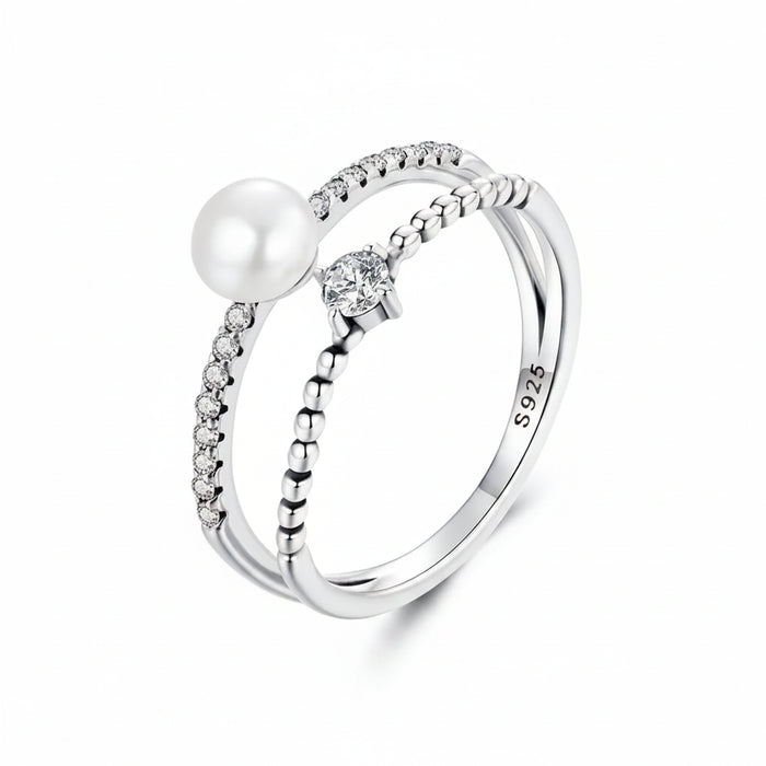 925 Sterling Silver Pearl Engagement Ring with double-layer band – Jewelry Towns