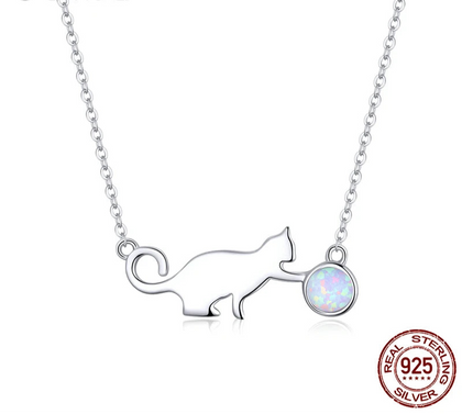✨ Sterling Silver Cat Necklace with Opal – Adjustable Dainty Birthday Gift for Women & Cat Lovers | Hypoallergenic 925 Silver Jewelry