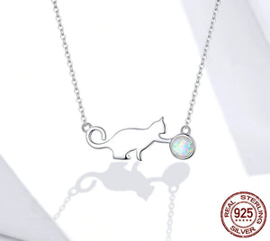 ✨ Sterling Silver Cat Necklace with Opal – Adjustable Dainty Birthday Gift for Women & Cat Lovers | Hypoallergenic 925 Silver Jewelry