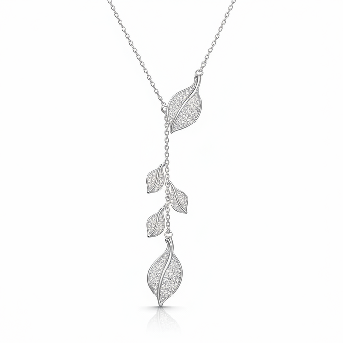 Falling leaves necklace in 925 sterling silver with pavé cubic zirconia
