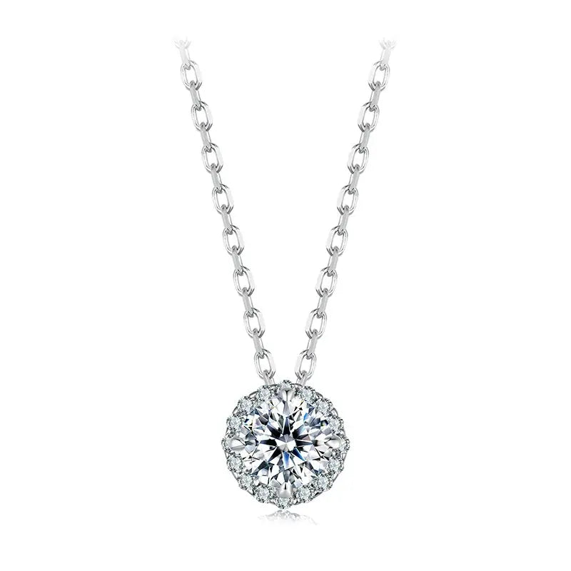 Round moissanite pendant necklace with platinum-plated finish