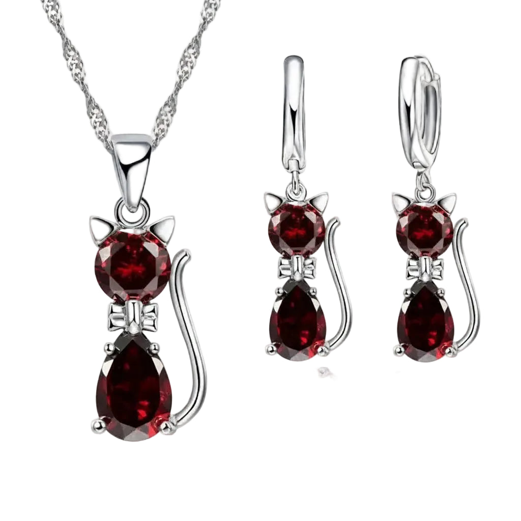 Real 925 Sterling Silver Color Jewelry Sets for Woman Girls Shining Austrian Crystal Cute Cat Pendant Necklace Huggie Earring  Jewelry Town