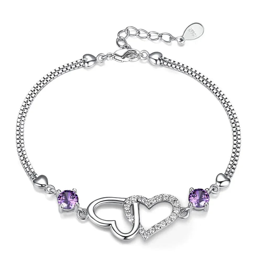 S925 Sterling Silver Bracelet Inlaid With Amethyst Embellished With Zircon Heart-Shaped Women's Bracelet Evening Luxury Jewelry  Jewelry Town