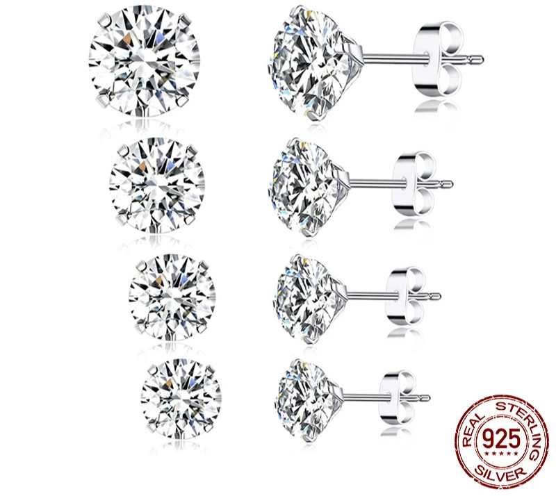 ✨ Platinum Plated CZ Stud Earrings – 925 Sterling Silver | Hypoallergenic 4mm-7mm Diamond-Like Studs