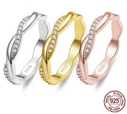 ✨ 14K Gold Plated Twisted Ring – Sterling Silver CZ Eternity Band | 3-Color Elegance