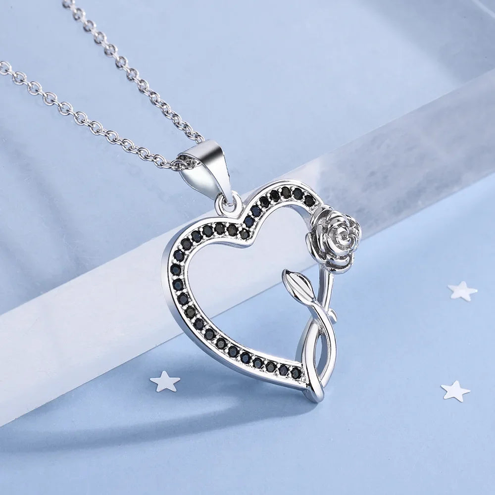 S925 Sterling Silver Heart Shape Rose Black Zirconia Pendant Necklace (40cm +5.0cm) Luxury Jewelry  Jewelry Town