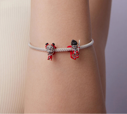 925 Sterling Silver Nezha Charm – Red Enamel Heart & Sword Bead for DIY Bracelets