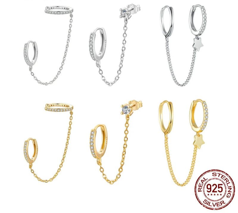 925 Sterling Silver Double Chain Stud Earrings – Elegant Solid Silver Studs for Women
