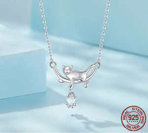 ✨ Dainty Sterling Silver Cat Necklace for Women – 925 Silver & White Gold Plated | Adjustable 16-18" Chain
