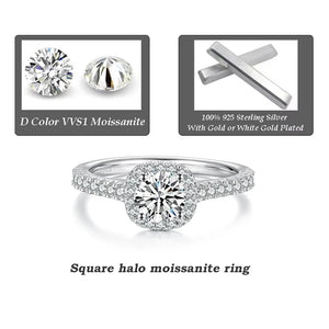 ✨ Solitaire Moissanite Engagement Ring – 14K Gold Plated 925 Silver | 1.5ct Halo Promise Ring for Women
