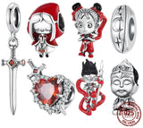 925 Sterling Silver Nezha Charm – Red Enamel Heart & Sword Bead for DIY Bracelets