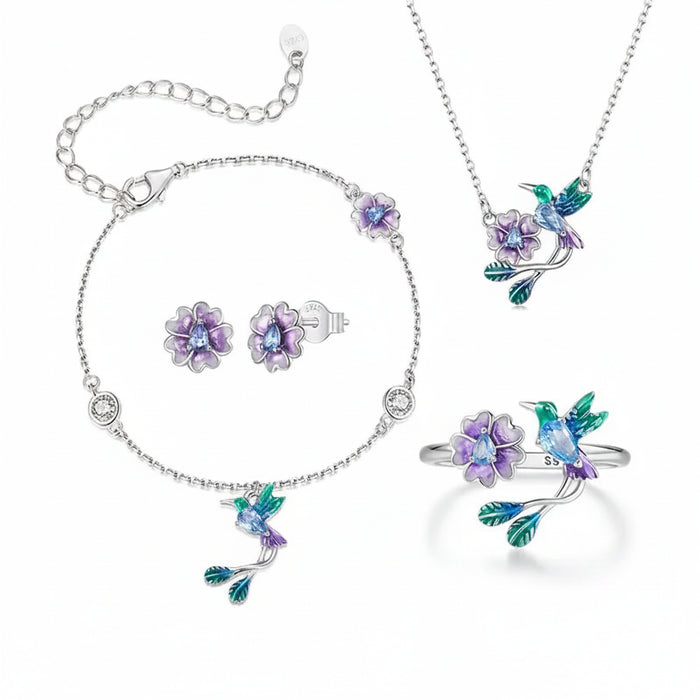 Flower-and-Bird-Jewelry-Sets-Sterling-Silver-with-Purple-Zircon-Complete-Collection