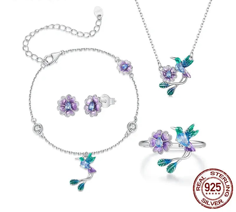 Sterling Silver Flower & Bird Jewelry Set with Purple Zircon eprolo