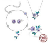 Sterling Silver Flower & Bird Jewelry Set with Purple Zircon eprolo