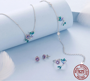 Sterling Silver Flower & Bird Jewelry Set with Purple Zircon eprolo