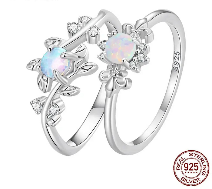 925 Sterling Silver Opal ring with CZ leaf accents – Jewelry Towns