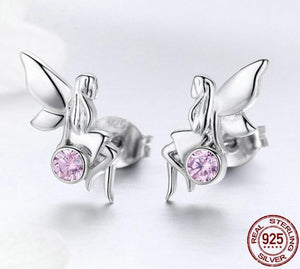Sterling Silver Flower Fairy Pink Stud Earrings 