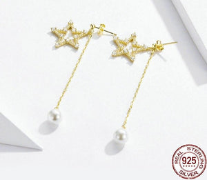 Long Pearl Star Earrings 