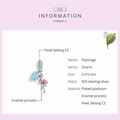 925 sterling silver pink flamingo charm with green enamel leaf