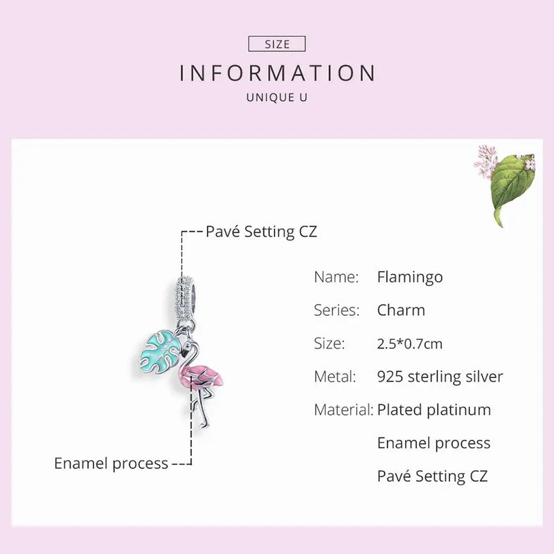 925 sterling silver pink flamingo charm with green enamel leaf