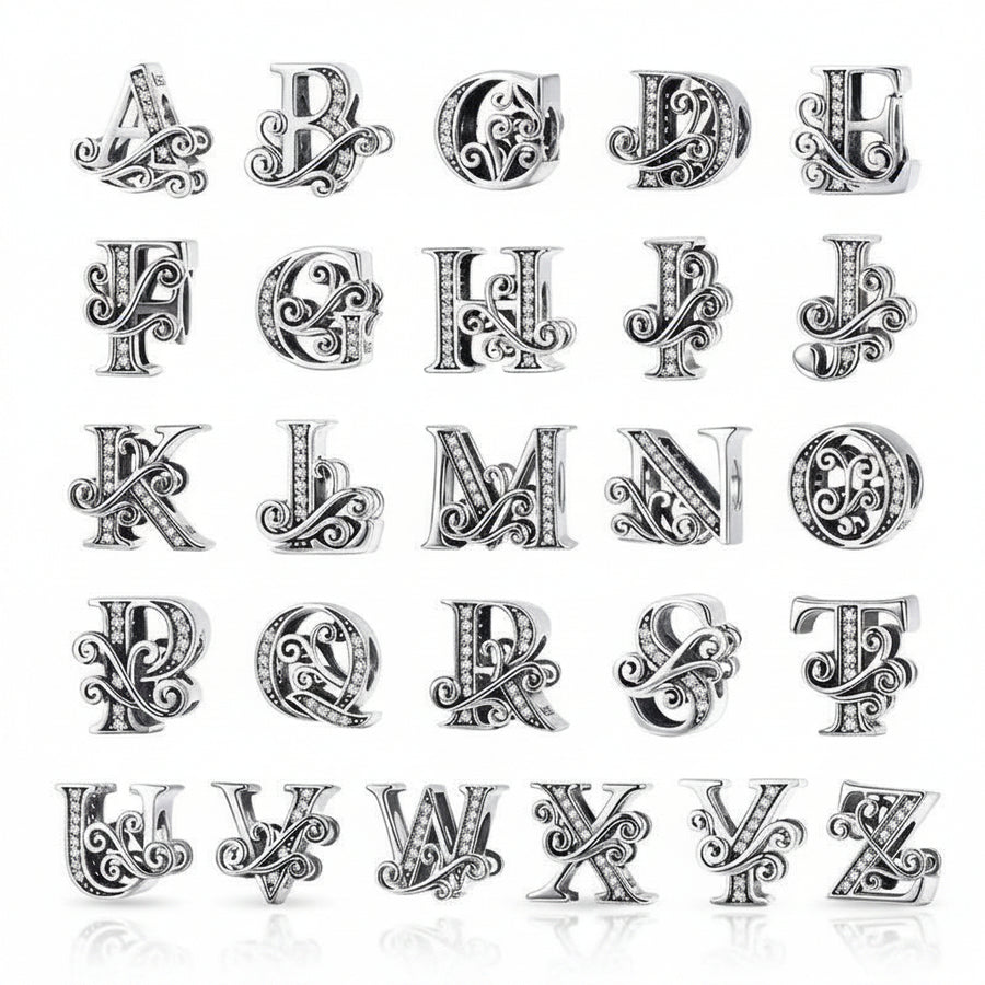 Sterling silver initial letter charm beads openwork design, European style