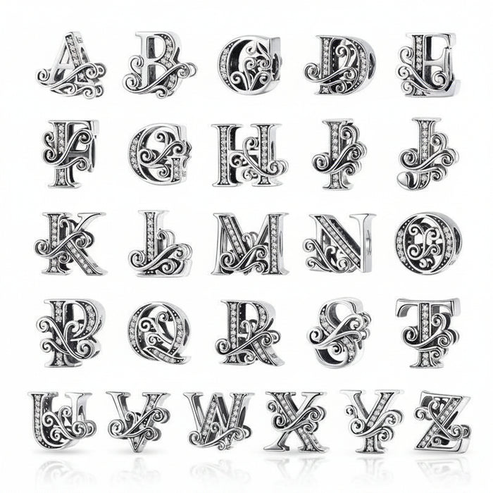Sterling silver initial letter charm beads openwork design, European style