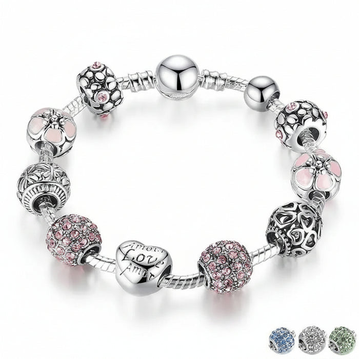Antique love and flower cubic zirconia charm bracelet – Pink