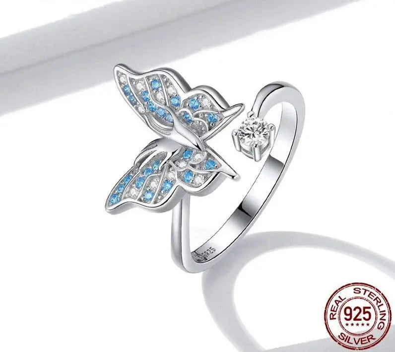 925 Sterling Silver Blue Enamel Butterfly Ring in a wrap design.