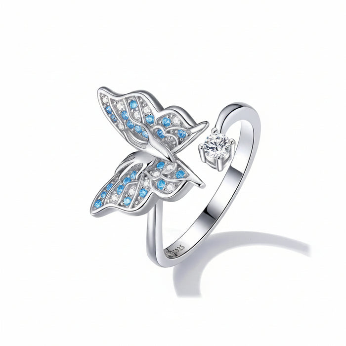 925 Sterling Silver Blue Enamel Butterfly Ring in a wrap design.