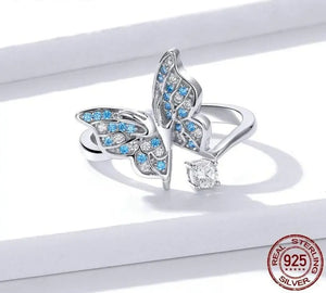 925 Sterling Silver Blue Enamel Butterfly Ring – Adjustable & Dainty Wrap Design 