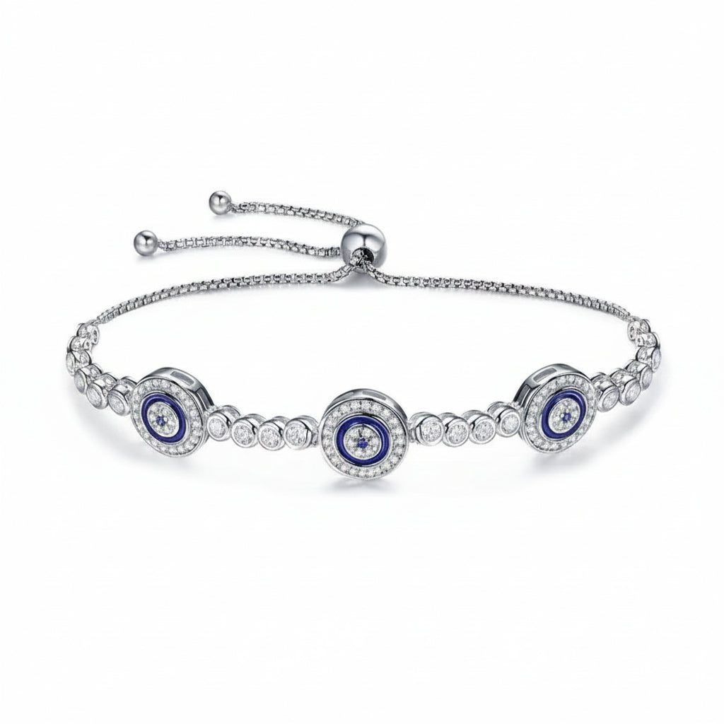 Blue Evil Eye tennis bracelet in 925 sterling silver with transparent cubic zirconia