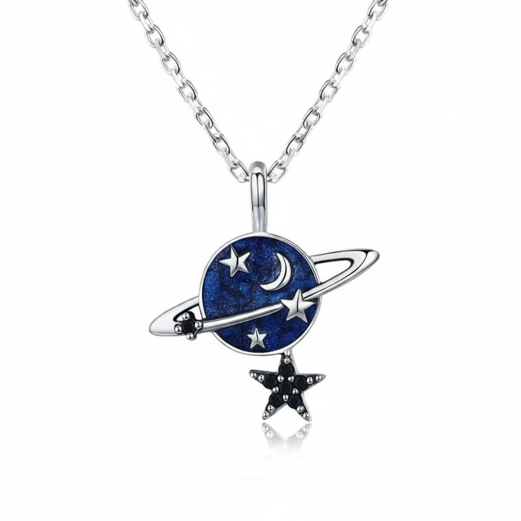 Blue planet and stars pendant necklace in 925 sterling silver