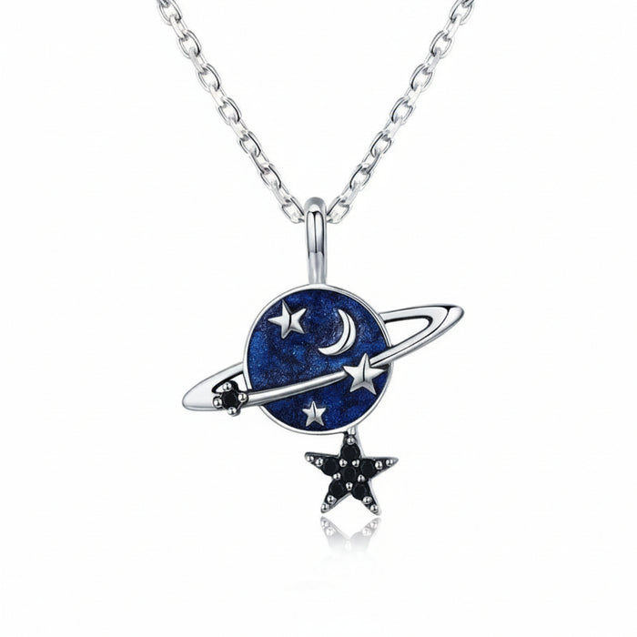 Blue planet and stars pendant necklace in 925 sterling silver