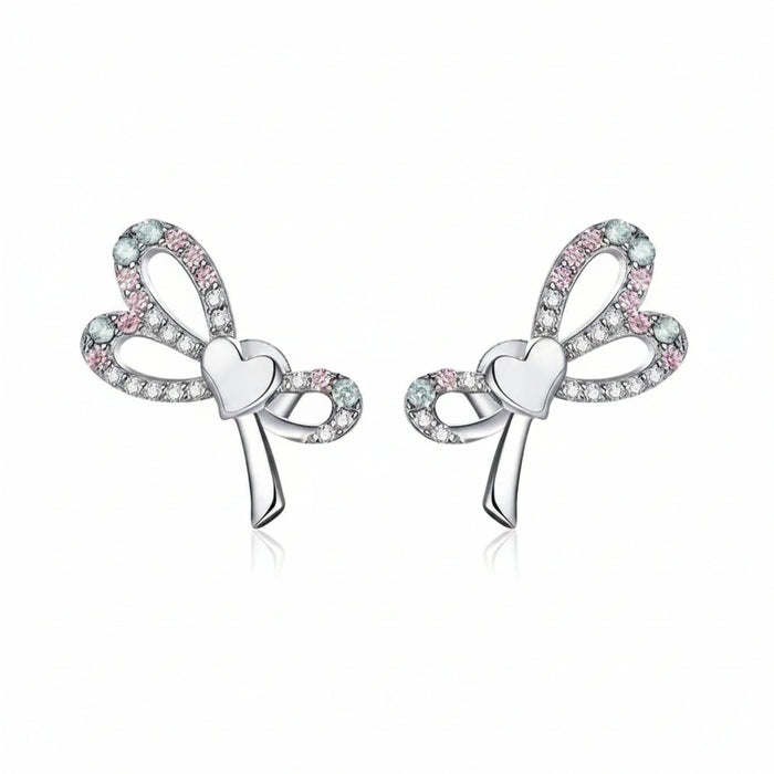 Bow knot earrings in 925 sterling silver with pink and blue cubic zirconia