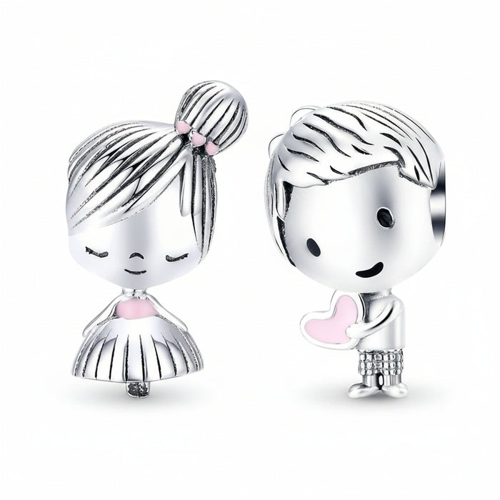 925 Sterling Silver Boy and Girl Charm with colourful enamel, fits Pandora bracelet