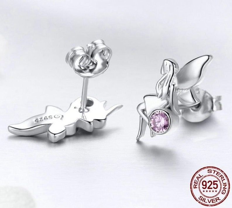 Sterling Silver Flower Fairy Pink Stud Earrings