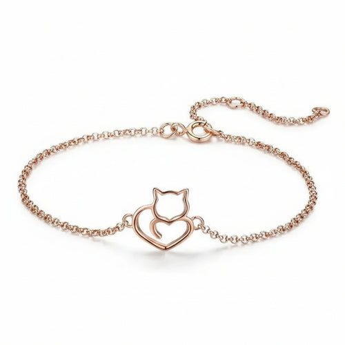 Cat and heart link bracelet in 925 sterling silver