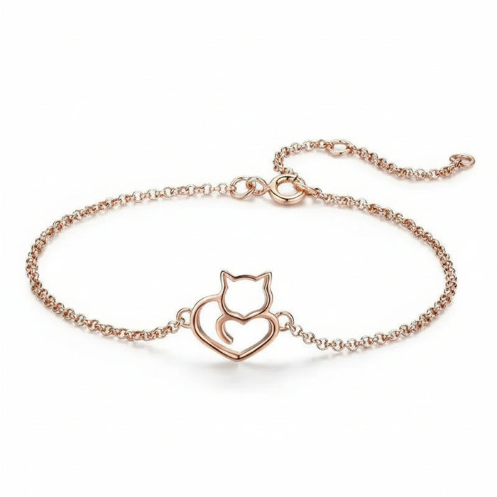 Cat and heart link bracelet in 925 sterling silver