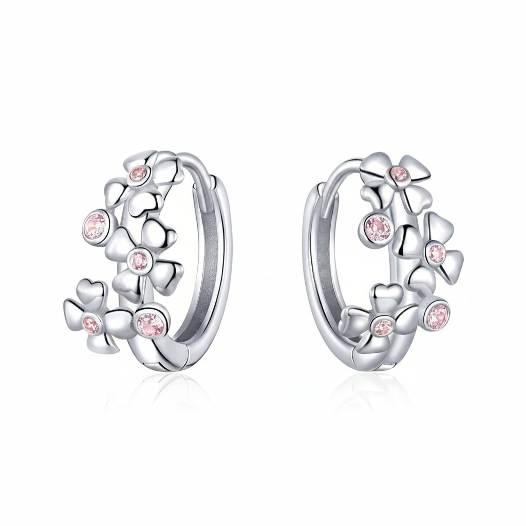 Cherry blossom stud earrings in 925 sterling silver with pink zircon