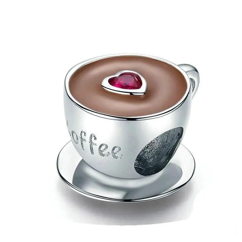 925 Sterling Silver Coffee Cup Charm Bead with enamel detail, fits Pandora bracelet